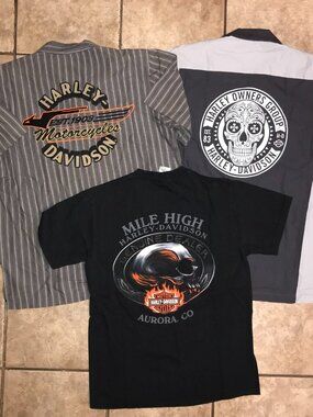 Lot of 3-Men's Vintage Harley Davidson Button Work Shirts & Skull T-shirt-Size M